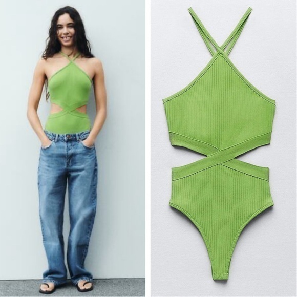 ZARA RIBBED CUT OUT HALTER BODYSUIT - Picture 1 of 12